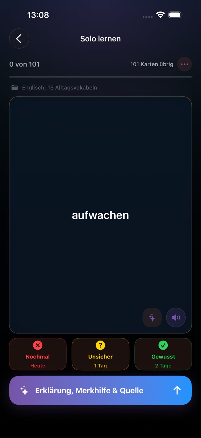Eine Lernkarte mit Antwort und Wiederholungsentscheidung